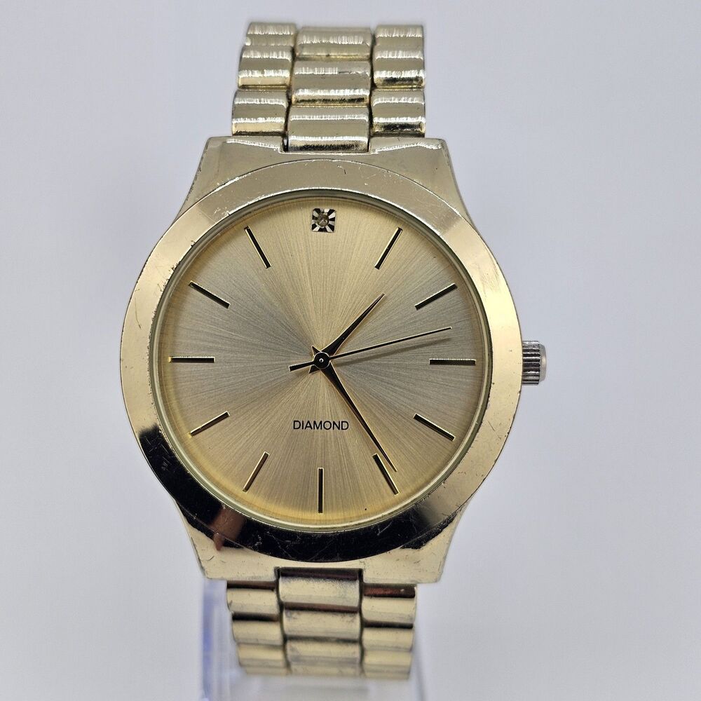 Men's Diamond Watch 44MM Large Case Gold Dial Gold Bracelet Band 7" New‎ Battery